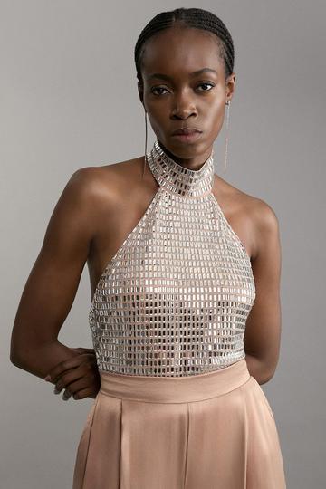 Premium Crystal Embellished Jersey Halter Top nude