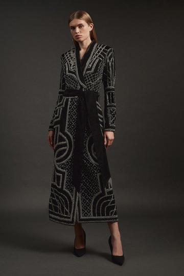 Black Velvet Embellished Woven Maxi Blazer Dress