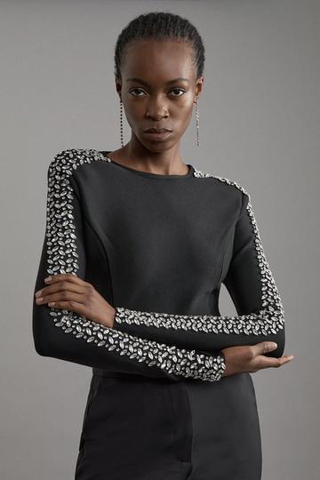 Black Figure Form Bandage Knit Embellished Top