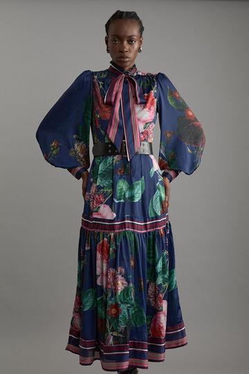Multi Tall Floral Print Woven Balloon Sleeve Midaxi Dress
