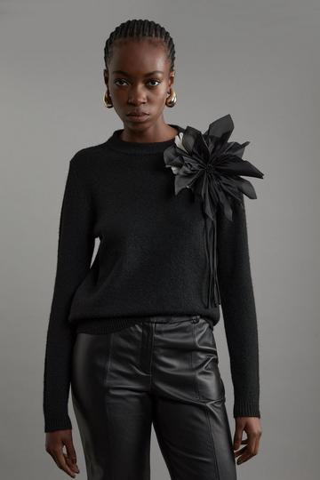 Wool Blend Cosy Knit Floral Applique Sweater black