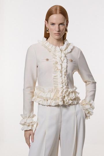 Figure Form Bandage Knit Jacket With Woven Ruffle Trim natural