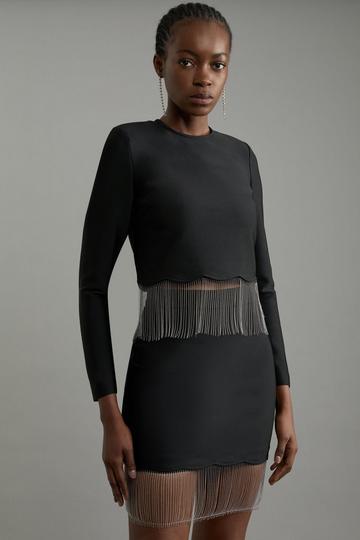 Figure Form Bandage Knit Scallop Tassel Skirt black