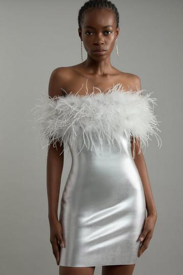 Petite Foiled Figure Form Bandage Knit Feather Bardot Mini Dress silver