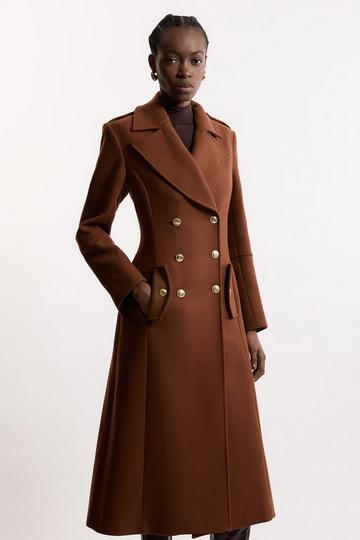 Premium Italian Manteco Wool Military Double Breasted Tailored Midi Coat toffee