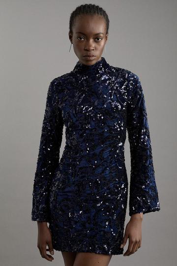 Navy Petite Velvet Sequin Flare Woven Mini Dress