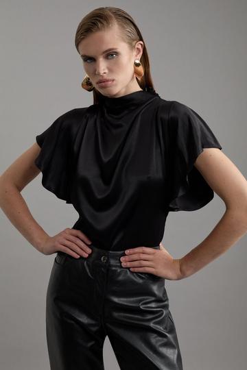 Black Viscose Satin High Neck Woven Blouse