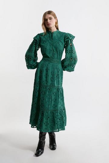 Green Broderie Woven Midi Skirt With Guipure Trim
