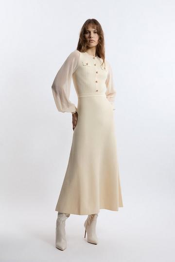Viscose Blend Maxi Knit Dress With Chiffon Sleeve Military Trim cream