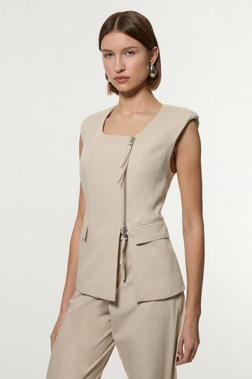 Tailored Viscose Zip Through Multi Stitch Vest stone
