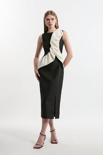 Black Petite Textured Tailored Contrast Taffeta Ruffle Maxi Dress