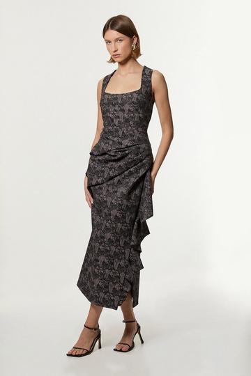 Black Jacquard Ruffle Strappy Tailored Maxi Dress