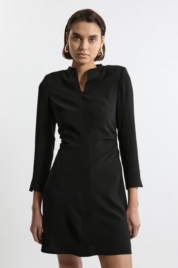 Black Tall Soft Tailored Ruched Waist Long Sleeve Mini Dress