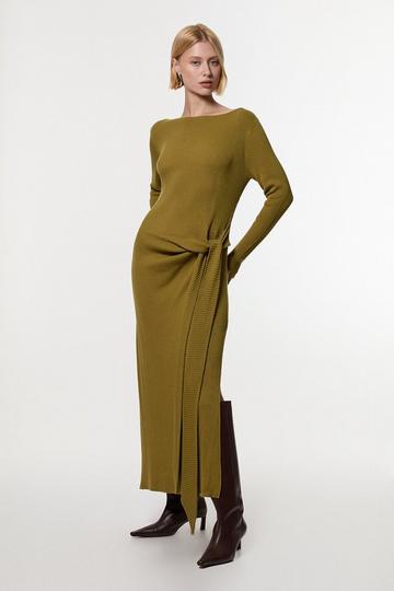 Green Wool Tencel Ribbed Knit Tie Detail Maxi Dress