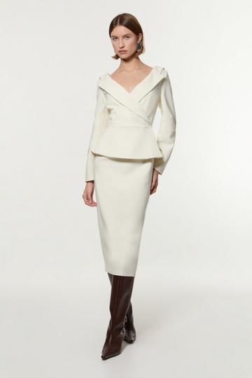 Compact Stretch Tailored Assymetric Peplum Pencil Midiaxi Dress ivory