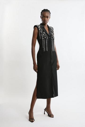 Black Embellished Detail Plunge Collared Woven Maxi Dress
