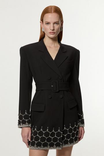 Black Crystal Embellished Tailored Blazer Mini Dress