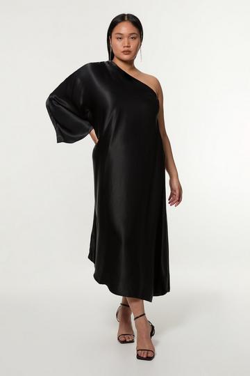 Black Plus Size One Shoulder Draped Satin Woven Maxi Dress