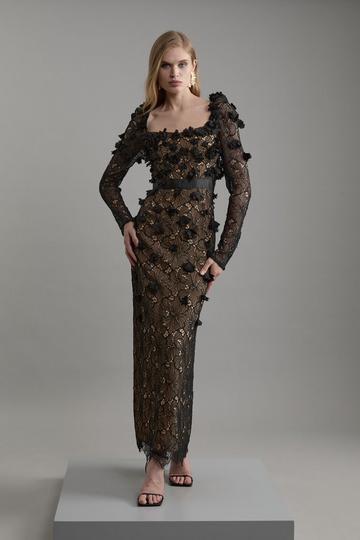 Lace Petal Applique Woven Midi Dress black_nude