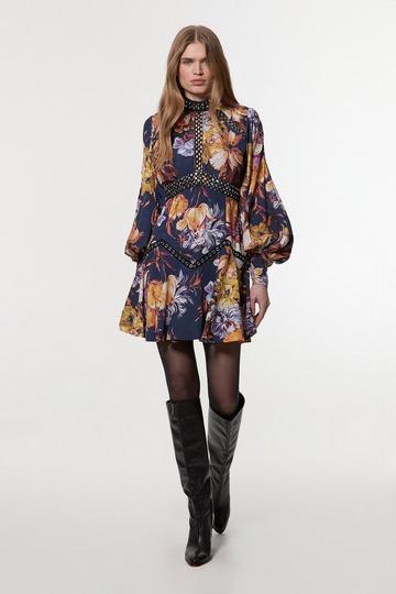 Multi Floral Studded Lace Woven Mini Dress