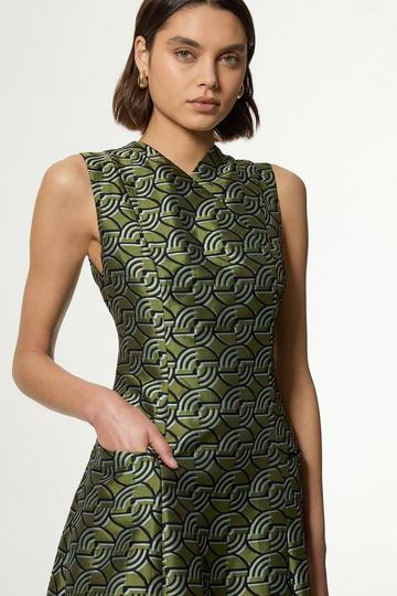 Green Geo Jacquard Twill Tailored Full Skirted Midi Dress