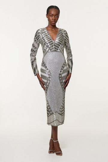 Silver Tall Beaded Embellished Woven Maxi Dress