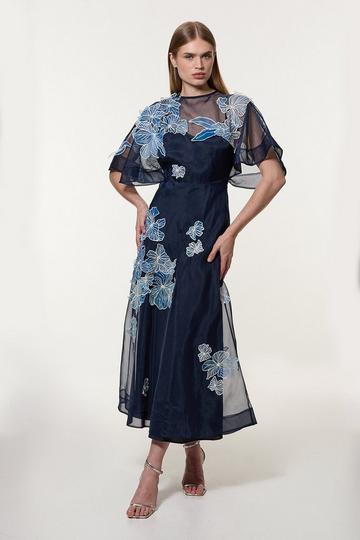 Navy Petite Floral Applique Organdie Woven Maxi Dress
