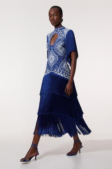 Navy Embellished Fringe Woven Maxi Dress