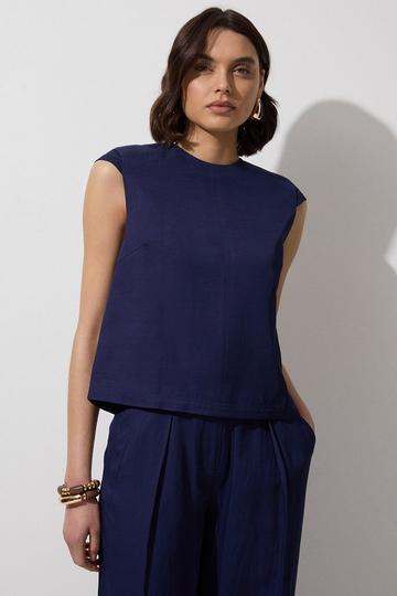 Tailored Viscose Linen Topstitch Detail Top navy