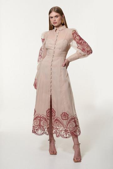 Tall Organdie Embroidered Woven Midi Dress cream