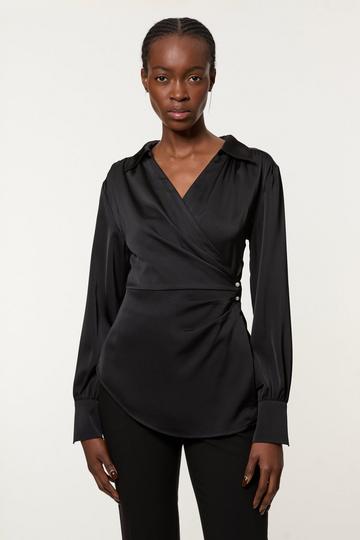 Black Satin Back Crepe Pearl Detail Wrap Blouse