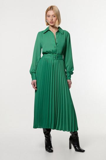 Green Contrast Tipped Georgette Woven Shirt Dress