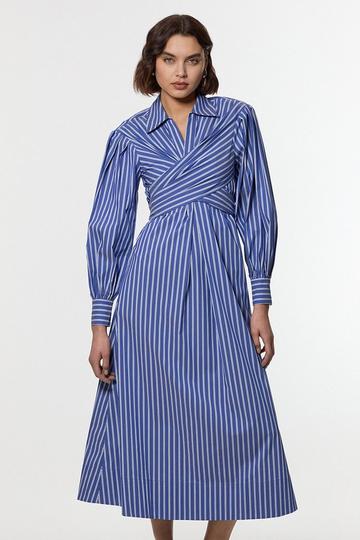 Tall Stripe Cotton Poplin Drama Sleeve Woven Wrap Detail Shirt Dress stripe
