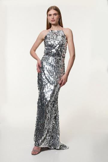 Silver Sequin Fishtail Halterneck Maxi Dress