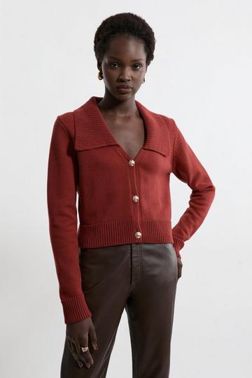 Cotton Collared Knitted Cardigan tan