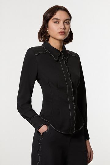 Black Scallop Trim Woven Crepe Blouse