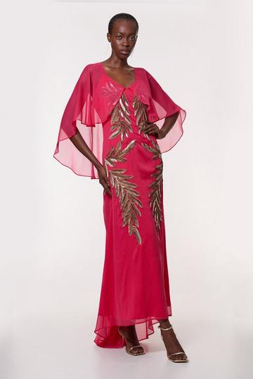 Tall Feather Embellished Woven Cape Sleeve Maxi Dress raspberry