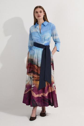 Petite Silk Cotton Stallion Print Woven Belted Maxi Shirt Dress blue