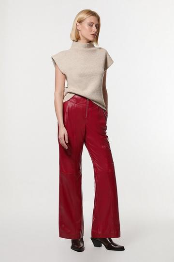 Red Leather Zip Detail High Waist Trousers