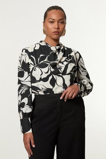 Black Plus Size Printed Woven High Neck Blouse
