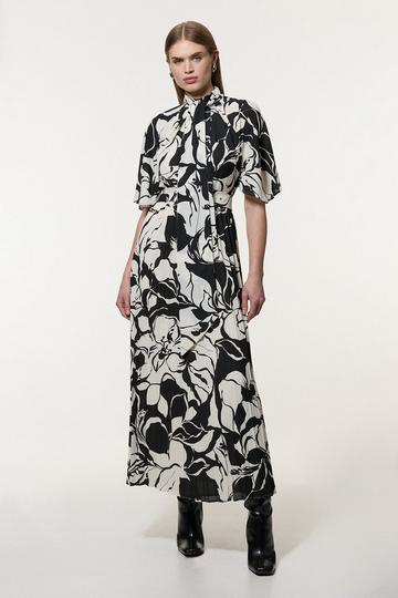 Black Georgette Tie Neck Pleated Woven Maxi Dress