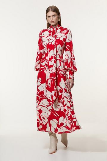 Red Petite Printed Tie Neck Woven Maxi Dress