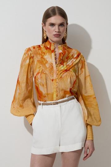 Orange Ombre Floral Silk Cotton Button Down Blouse
