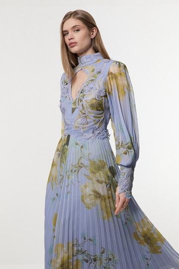 Floral Applique Lace Pleated Woven Maxi Dress blue