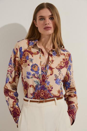 Premium Viscose Linen Paisley Border Print Woven Shirt multi