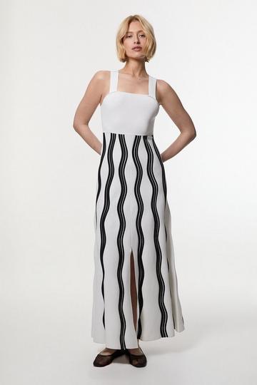 Contrast Wave Knit A-Line Knitted Strappy Dress cream
