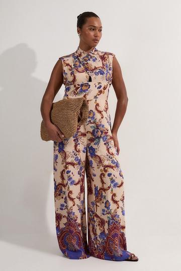 Plus Size Premium Viscose Linen Paisley Border Print Woven Jumpsuit multi