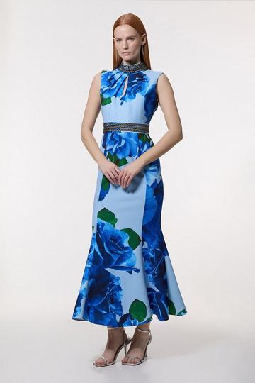 Blue Petite Diamante Trim Rose Woven Maxi Dress
