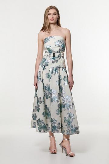 Blue Tall Diamante Trim Bodice Detail Metallic Jacquard Prom Dress