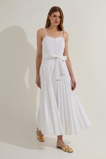 White Tall Cotton Top Stitch Dropped Waist Woven Strappy Midi Dress